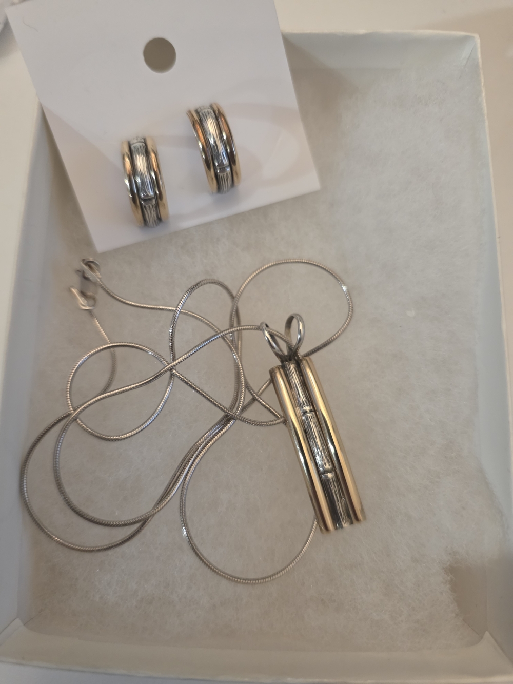 Vintage Harry S Bick & Son .925 Silver & 14K GF Bamboo Pendant & Earring Set